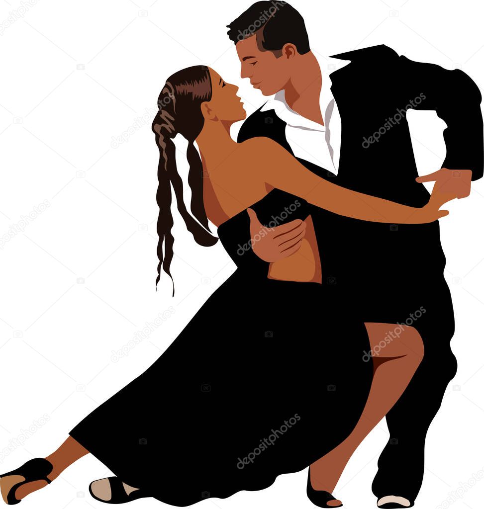 Latina dance. Latina Dancers in salsa, bachata or tango poses wearing formal black and white costumes. Cartoon flat vector illustration isolated on wh
