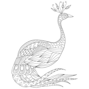 Zentangle tarzında tek renkli bir tavus kuşu çizimi