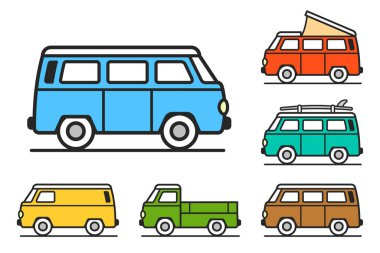 Retro seyahat minibüsü. Sörfçü minibüsü. Eski model bir seyahat arabası. Eski klasik bir karavan. Retro hippi otobüsü. Düz dizayn simgesi koleksiyonunda vektör illüstrasyonu