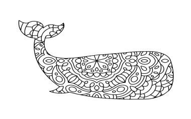 Beyaz arka planda çiçek desenleri olan bir balinanın izole bir çizimi - yetişkin renklendirme sayfası kavramı