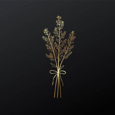 Siyah arka planda kurdelesi olan bir buket güzel altın bitkinin çizimi.