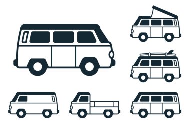 Retro seyahat minibüsü. Sörfçü minibüsü. Eski model bir seyahat arabası. Eski klasik bir karavan. Retro hippi otobüsü. Düz dizayn simgesi koleksiyonunda vektör illüstrasyonu