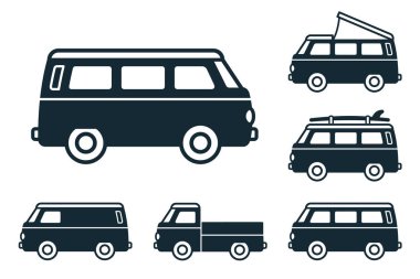 Retro seyahat minibüsü. Sörfçü minibüsü. Eski model bir seyahat arabası. Eski klasik bir karavan. Retro hippi otobüsü. Düz dizayn simgesi koleksiyonunda vektör illüstrasyonu