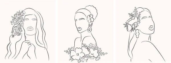 Rostros Mujer Estilo Arte Línea Con Flores Hojas Dibujo Vectorial — Archivo Imágenes Vectoriales