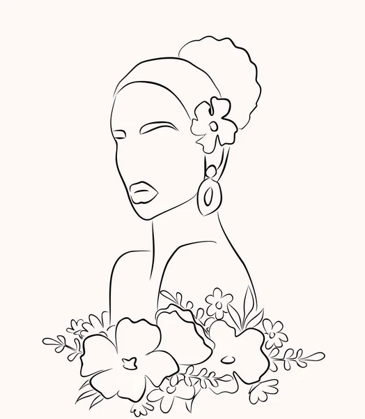 Kvinnans Ansikte Linje Konst Stil Med Blommor Och Blad Vektorteckning — Stock vektor