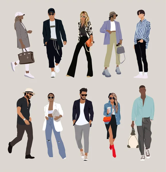 スタイリッシュな服を着た異なる人々のセット ファッショナブルな男性と女性のストリートスタイルの外観 男性と女性の漫画のキャラクターのグループベクトル — ストックベクタ