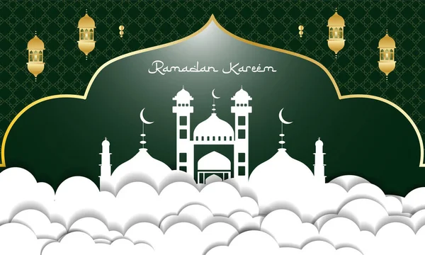 一张有着深绿色和白色精美图案的斋月清真寺卡片 — 图库矢量图片