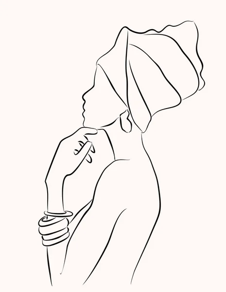 ミニマルなモダンなラインアートスタイルの若いアフリカの女性の抽象的な肖像画 美容ロゴ プリント タトゥー ポスター テキスタイル カードのためのトレンディなデザイン — ストックベクタ