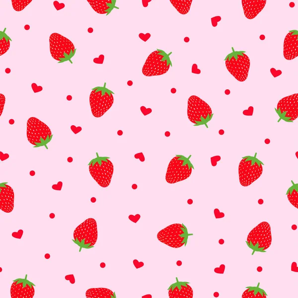 Nahtloses Erdbeer Und Herzmuster Rosa Farben — Stockvektor
