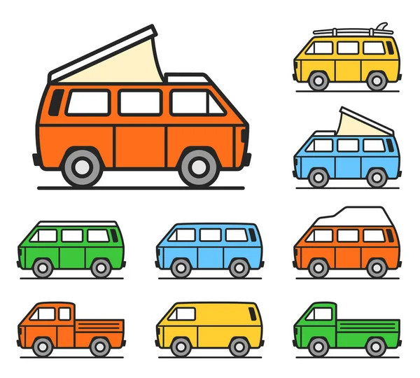 Retro seyahat minibüsü. Sörfçü minibüsü. Eski model bir seyahat arabası. Eski klasik bir karavan. Retro hippi otobüsü. Düz dizayn simgesi koleksiyonunda vektör illüstrasyonu