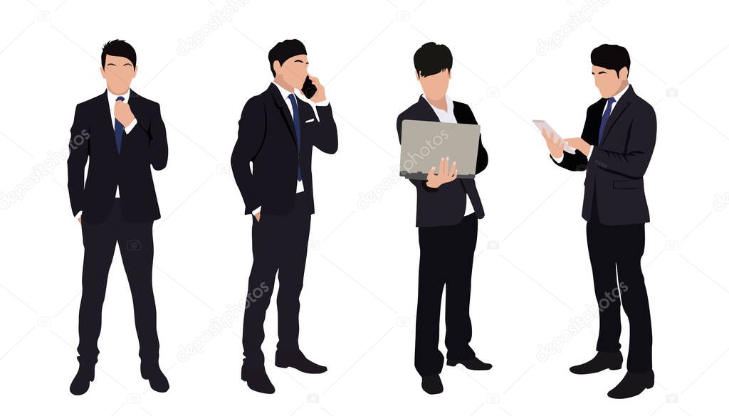Set of Businessman character in different poses. Handsome young man with gadgets wearing formal suit standing, using phone, laptop, tablet. Vector