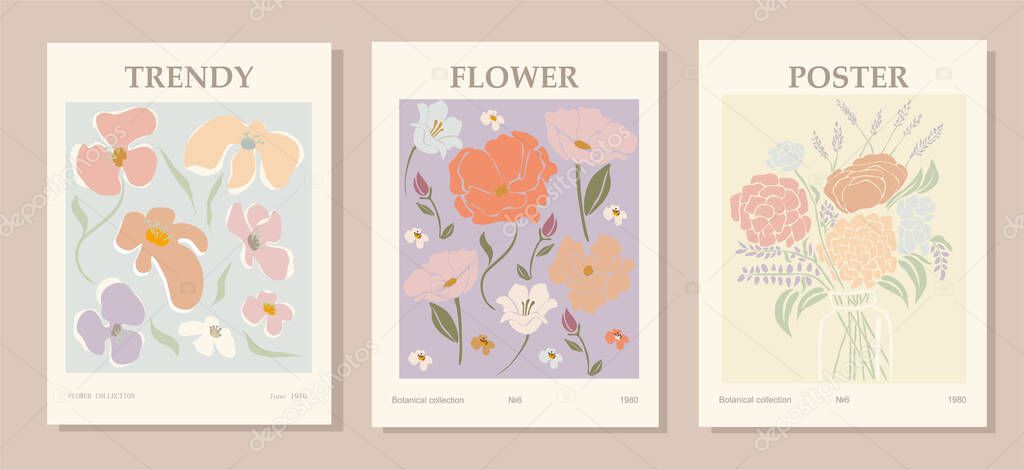 Set of abstract flower posters. Trendy botanical wall arts with floral design in danish pastel colors. Modern naive groovy funky interior decorations.