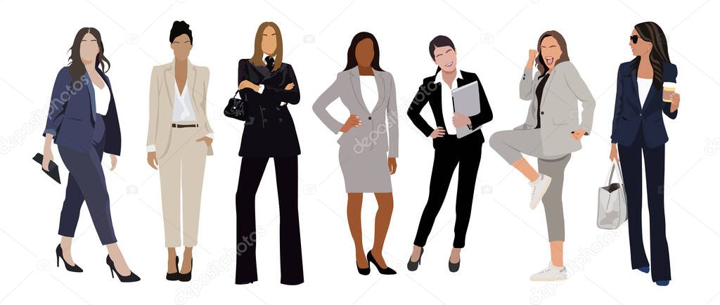Business women in suits collection. Vector illustration of diverse multinational standing cartoon women in formal office outfits with bag or laptop.