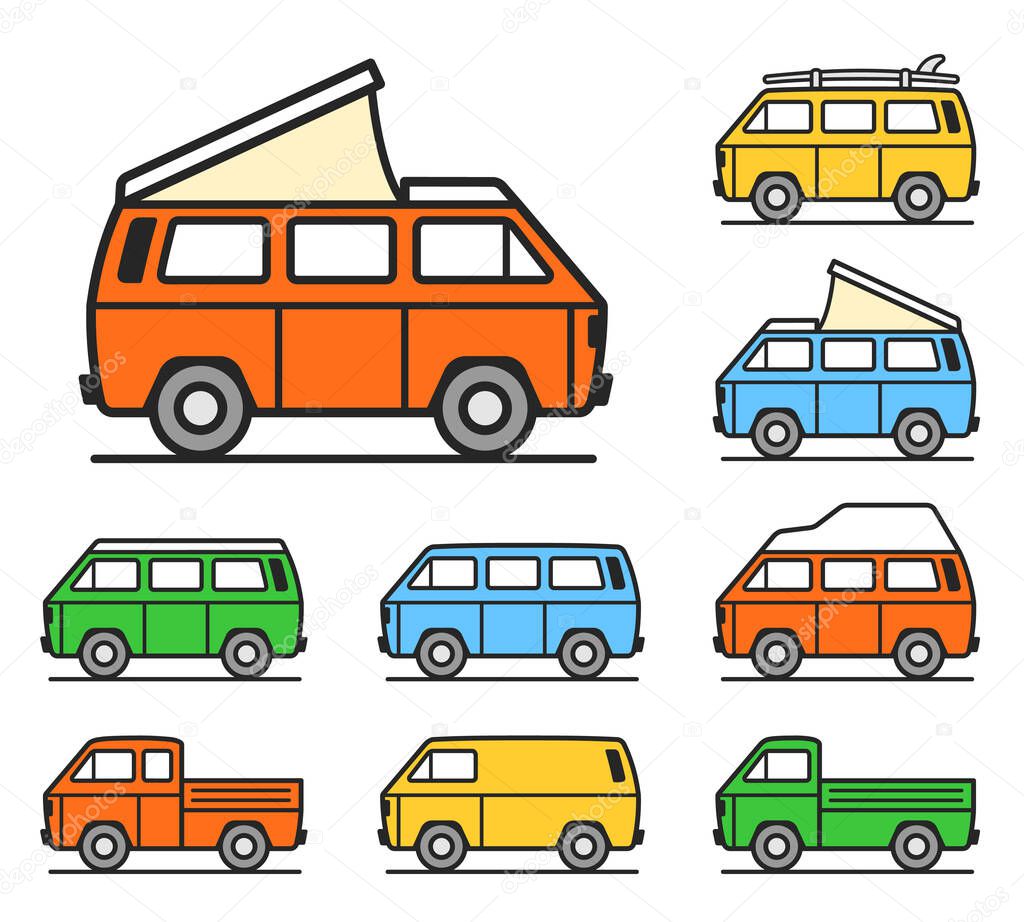 Retro travel van. Surfer van. Vintage travel car. Old classic camper minivan. Retro hippie bus. Vector illustration in flat design icon collection