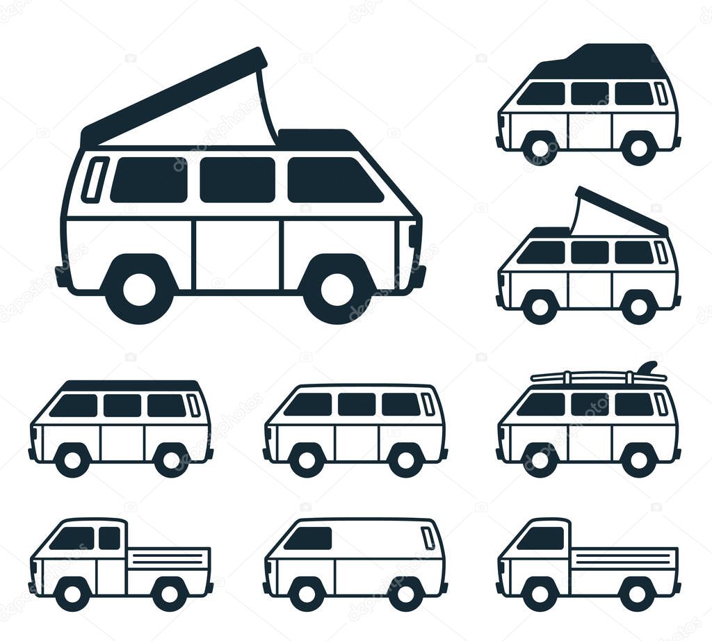 Retro travel van. Surfer van. Vintagepickup truck. Old classic camper minivan. Retro hippie bus. Vector illustration in flat design icon collection
