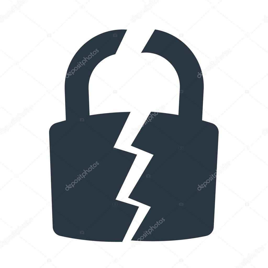 Broken or cracked lock icon isolated on white background. Unlock sign. Lock vector illustration