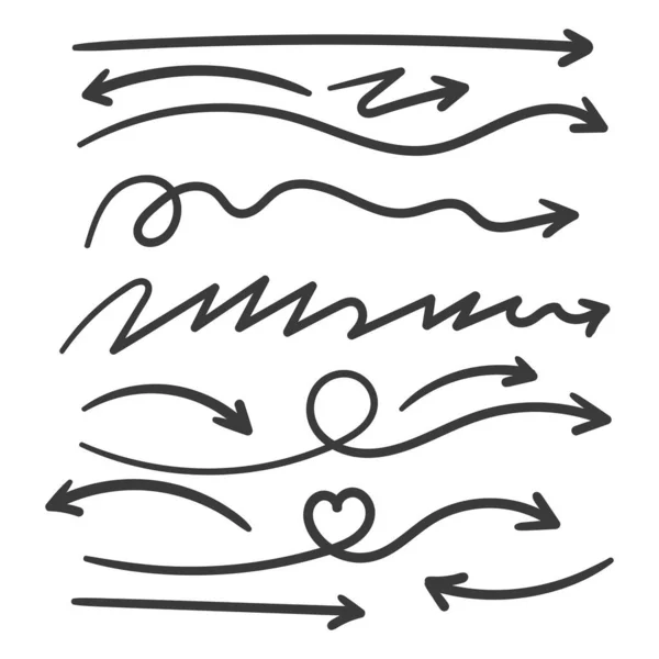 Set Icone Vettoriali Freccia Disegnate Mano Disegno Della Freccia Schizzo — Vettoriale Stock
