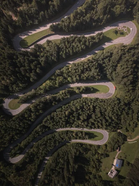 弯弯曲曲的道路穿过茂密的 绿色的森林 空中的 垂直的 一直通到山丘 — 图库照片