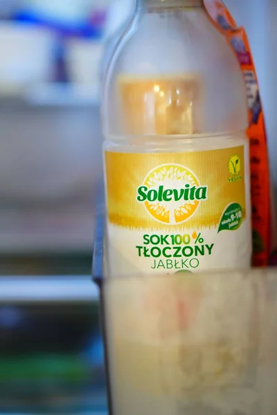 Vertical Shot Solevita Brand Apple Juice Bottle Open Fridge — Stock Photo, Image