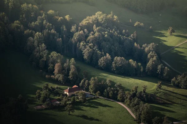 牧草地と鬱蒼とした森に囲まれた一軒の田舎の家 — ストック写真