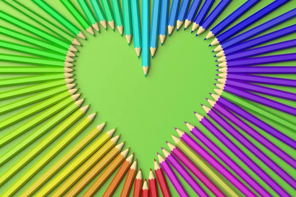 Rendu Crayons Couleur Forme Coeur Fond Vert Retour École — Photo