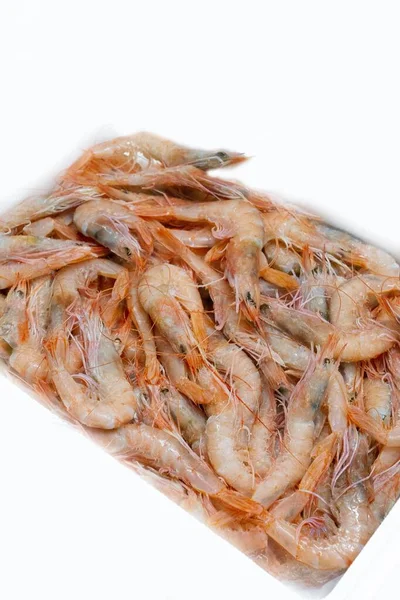 Gros Plan Vertical Grosses Crevettes Fraîches Recueillies Dans Une Boîte — Photo