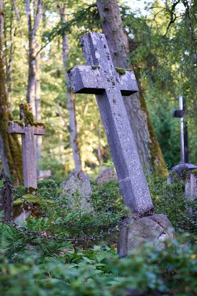 Disparo Vertical Una Cruz Hormigón Recostado Antiguo Cementerio —  Fotos de Stock