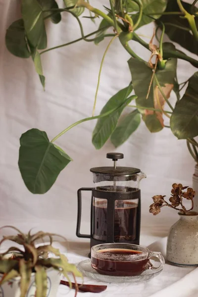 Vertical Shot Freshly Brewed Coffee French Press Coffee Maker Showing — Stock Photo, Image