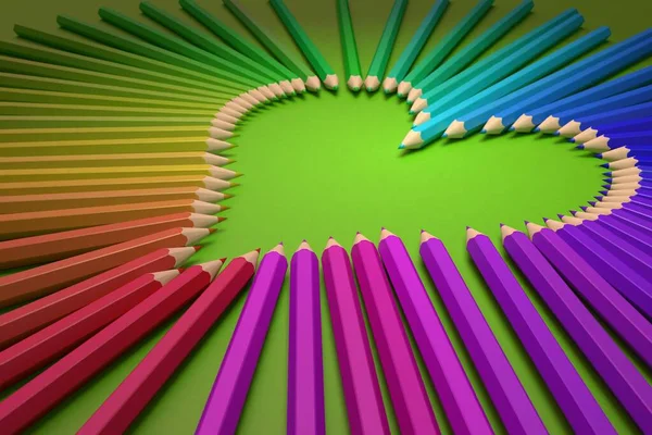 Crayons Couleur Formés Forme Coeur Sur Fond Vert Illustration Rendu — Photo