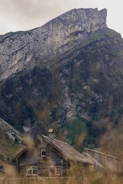 Lodret Skud Træ Bygninger Landskab Skyerne - Stock-foto