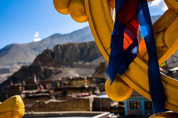 Closeup Shot Dharma Wheel Buddhist Temple Nepal — Stock Photo, Image