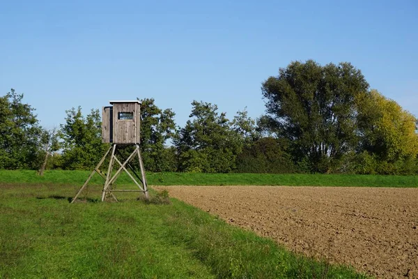 Ein Hölzerner Jagdturm Grünen Vor Dem Hintergrund Der Bäume — Stockfoto