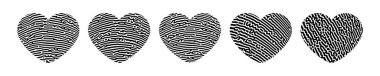 Parmak izi kalp silueti. Beyaz arka planda izole edilmiş beş adet siyah kalp şekilli parmak izi. Vektör illüstrasyonu
