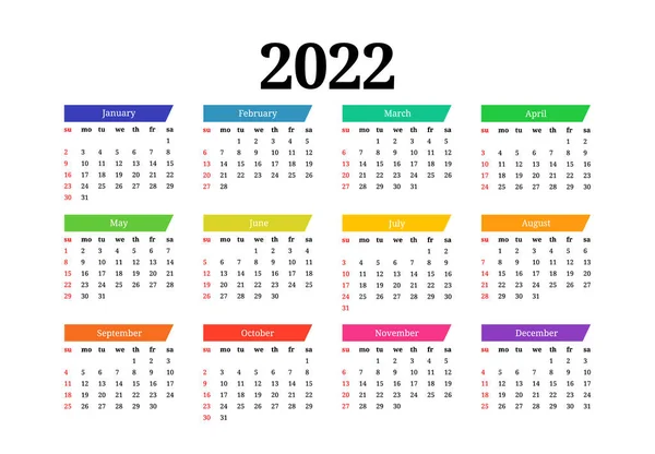 Calendario Para 2022 Aislado Sobre Fondo Blanco Domingo Lunes Plantilla — Archivo Imágenes Vectoriales