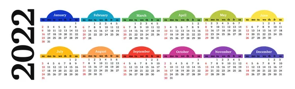 Calendário Para 2022 Isolado Fundo Branco Domingo Segunda Feira Modelo — Vetor de Stock