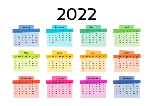 Calendario Para 2022 Aislado Sobre Fondo Blanco Domingo Lunes Plantilla — Vector de stock