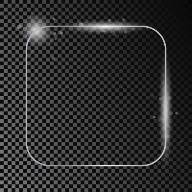 Koyu şeffaf arka planda izole edilmiş gümüş renkli yuvarlak kare çerçeve. Parlak efektli parlak bir çerçeve. Vektör illüstrasyonu