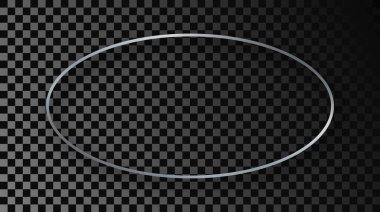 Koyu şeffaf arka planda gölgesi olan gümüş parıldayan oval şekil çerçeve. Parlak efektli parlak bir çerçeve. Vektör illüstrasyonu
