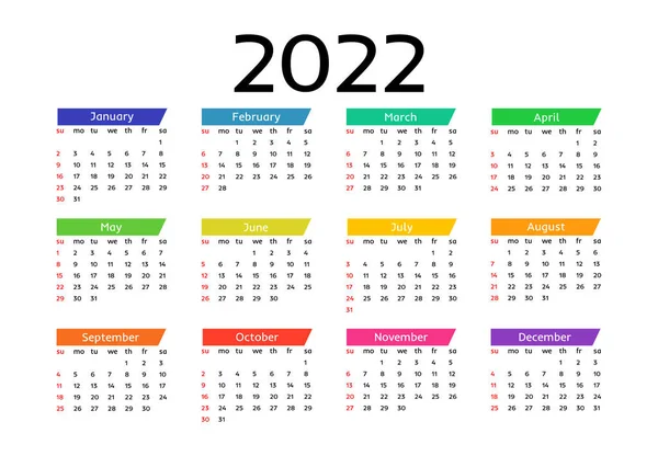 Calendário Para 2022 Isolado Fundo Branco Domingo Segunda Feira Modelo — Vetor de Stock