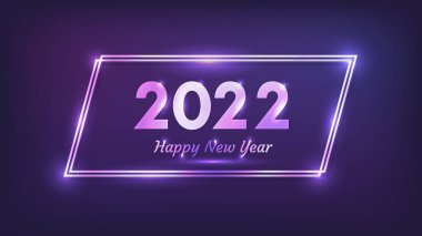 2022 Mutlu Yıllar Neon geçmişi. Noel tebrik kartı, el ilanı ve posterleri için ışıltılı efektleri olan neon dörtlü çerçeve. Vektör illüstrasyonu