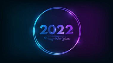 2022 Mutlu Yıllar Neon geçmişi. Noel tebrik kartı, el ilanı ya da posterler için ışıltılı efektleri olan neon çift katlı çerçeve. Vektör illüstrasyonu