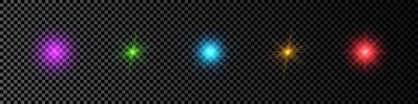 Lens fişeklerinin ışık etkisi. Koyu şeffaf arkaplanda parıldayan beş adet çok renkli ışık patlaması efekti. Vektör illüstrasyonu