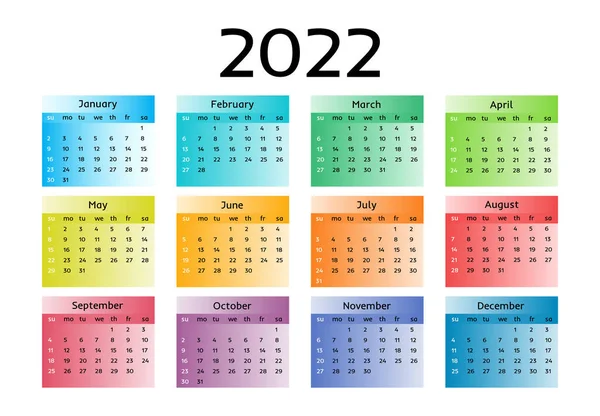 Calendario Para 2022 Aislado Sobre Fondo Blanco Domingo Lunes Plantilla — Vector de stock