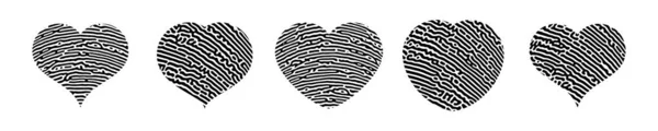 Silueta Corazón Con Huella Dactilar Conjunto Cinco Corazón Negro Forma — Archivo Imágenes Vectoriales