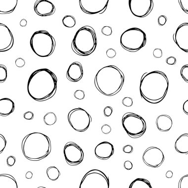 Kusursuz desenli, el çizimi, beyaz zemin üzerine çizilmiş karalama çemberleri. Soyut grunge dokusu. Vektör illüstrasyonu