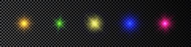 Lens fişeklerinin ışık etkisi. Koyu şeffaf arkaplanda parıldayan beş adet çok renkli ışık patlaması efekti. Vektör illüstrasyonu
