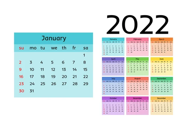 Calendario Para 2022 Aislado Sobre Fondo Blanco Domingo Lunes Plantilla — Vector de stock