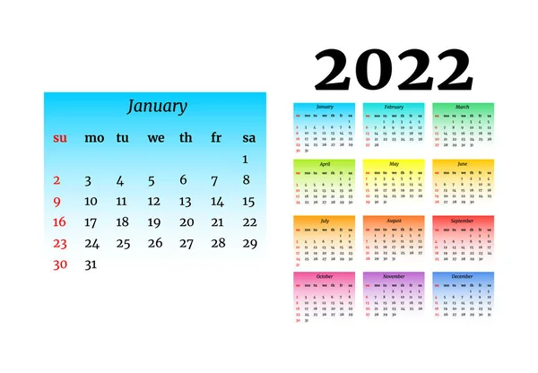 Kalendarz Rok 2022 Izolowany Białym Tle Niedzieli Poniedziałku Szablon Biznesowy — Wektor stockowy