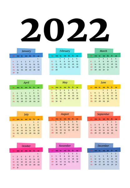 Calendário Para 2022 Isolado Fundo Branco Domingo Segunda Feira Modelo —  Vetores de Stock