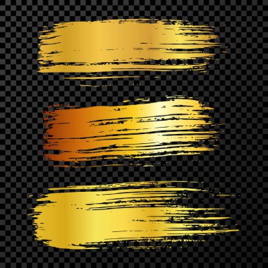 Üç altın fırça darbesi. El çizimi mürekkep lekeleri koyu şeffaf arka planda izole. Vektör illüstrasyonu